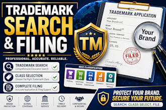 conduct a trademark search, class selection, and complete trademark filing