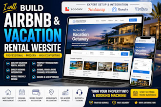 build airbnb website vacation rental website, setup lodgify hostaway guesty vrbo