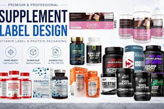 design supplement  label, vitamin label and protein packaging