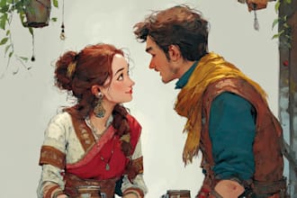 illustrate fantasy couples for gifts, games, or dnd