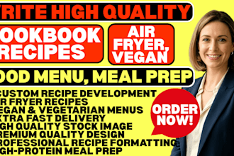 write high quality cookbook recipes, air fryer, vegan food menu, meal prep