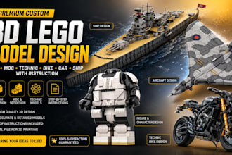 do 3d lego model design set, moc, lego technic bike, car, ship, with instruction