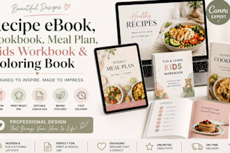 design recipe ebook, cookbook, meal plan, kids workbook, coloring book canva PDF