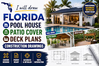 draw florida pool structural plan, mep, hvac and deck plan for house patio cover