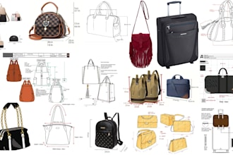 design full bag tech pack, hand bag, tote bag, purse bag ready for manufacturing