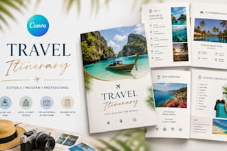 design editable canva travel itinerary, vacation planner and travel guide PDF