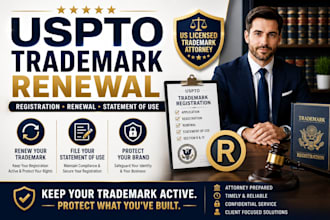 handle uspto trademark registration, renewal, and statement of use, US attorney