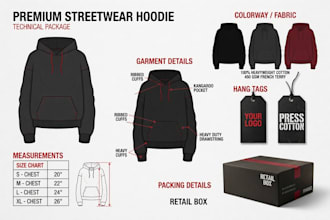 create streetwear tech packs, hoodies and factory ready clothing tech packs