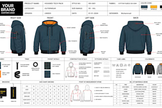 design hoodie and puffer jacket tech pack, cad flat sketches for manufacturing