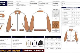 create varsity bomber puffer denim jacket tech pack cad sketch for manufacturing