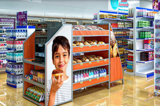 3d design and render retail store, supermarket, shop, cafes, interior exterior