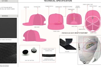 create factory ready hat tech pack, cap tech pack and technical flats