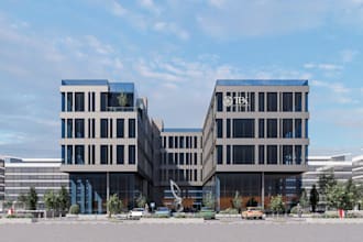 realistic 3d exterior render for office building, office interior layout render
