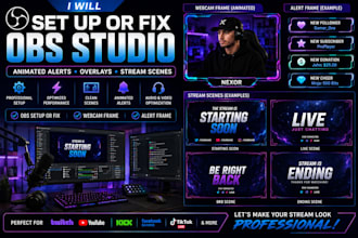 set up obs studio, create animated stream alerts, overlays and stream scenes