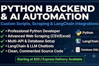 build custom python automation, web scrapers, and langchain ai bots