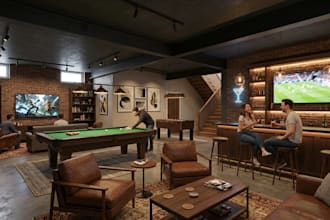 do custom basement remodel rendering, mancave, game room 3d house render