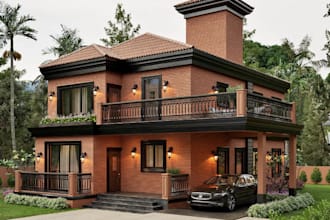 structure brick revit model,realistic render,replan villa facade cgi,roof design