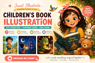 create whimsica childrens book illustration with cute characters and storybook