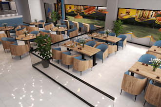 renovate restaurant interior from floor plan, cafe cgi render, store walkthrough