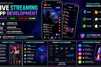 develop a youtube, kick, twitch or livestream clone app for android and ios