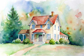 paint a beautiful watercolour illustration, home building portrait illustrations