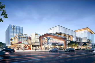 remodel shopping complex, retail store design, commercial mall, cgi plaza facade