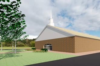 do symmetrical church interior, 3d model, stage design, floor plan and sketch up