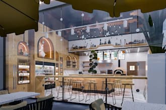 revamp restaurant interior, modern cafe layout, wine bar render,3d cafe exterior