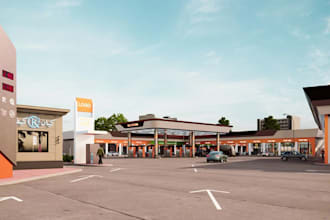 drive thru restuarant,gas station,service station,strip mall design, 3d car park