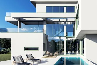 visualize 3d house elevation,storey villa facade, cgi pool render,outdoor visual