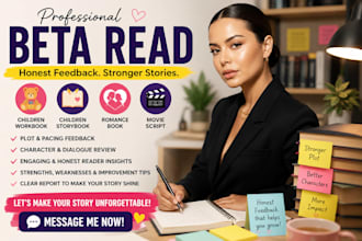beta read children workbook, romance book, movie script, children storybook
