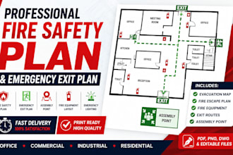 design fire safety plan, fire emergency exit plan, and evacuation drawing