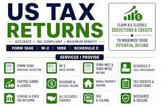 prepare and efile your US individual tax return form 1040, w2, 1099, schedule c