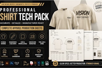 professional t shirt tech pack with technical drawings
