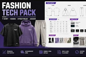 create fashion tech pack for tshirt, hoodie, streetwear, jogger with flat sketch