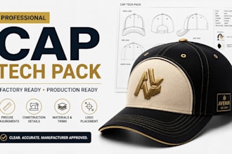 create cap tech pack, hat, dad cap and snapback ready for manufacturing