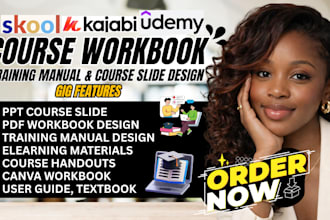 design course workbook PDF, training manual and course design, PPT slides, canva