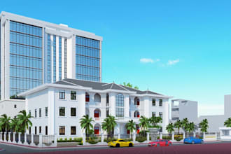 3d neoclassical villa exterior, french colonial style,office building,skp render