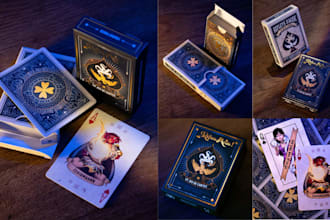 design custom playing cards, tuck box packaging, layout and realistic mockups