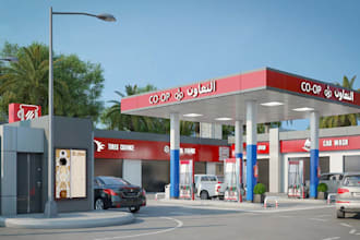 modern 3d filling station,oil change, car wash bay,workshop design,gasoline pump