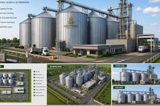 design a professional grain silo complex with 3d rendering