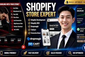 develop shopify ecommerce website, design shopify store, shopify SEO, dropmagic
