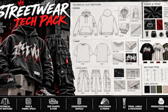 design fashion, streetwear, hoodie and clothing tech pack with flats sketches