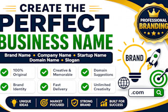 create unique business name, brand name, slogan, domain name and brand identity