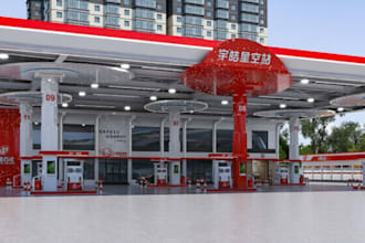 restyle modern 3d gas station design, petrol, fuel station, interior rendering