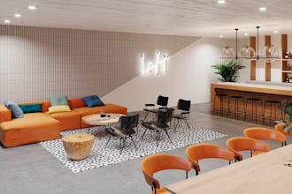 3d communal lounge space visual, meeting room design, interior layout cgi render