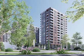 turn 2d plan to exterior living apartment, visualize residential block building