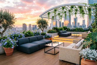design modern rooftop garden, courtyard garden, terrace landscape and 3d render