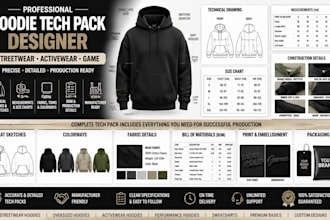 design a detailed hoodie tech pack for streetwear brands activewear for game