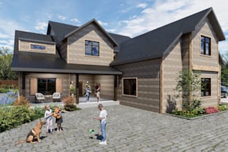 create 3d exterior house renders with landscaping